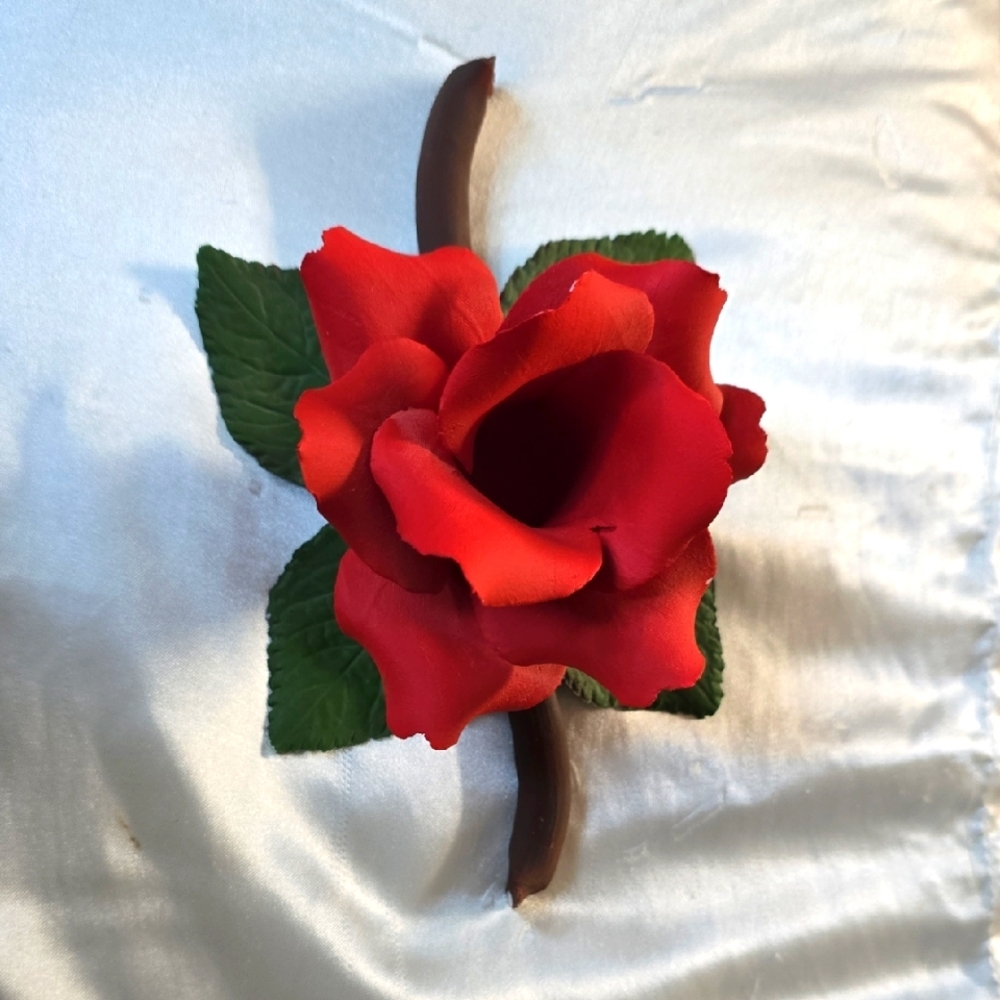 Capodimonte Fine Porcelain Red Rose On Branch Vintage And Rare